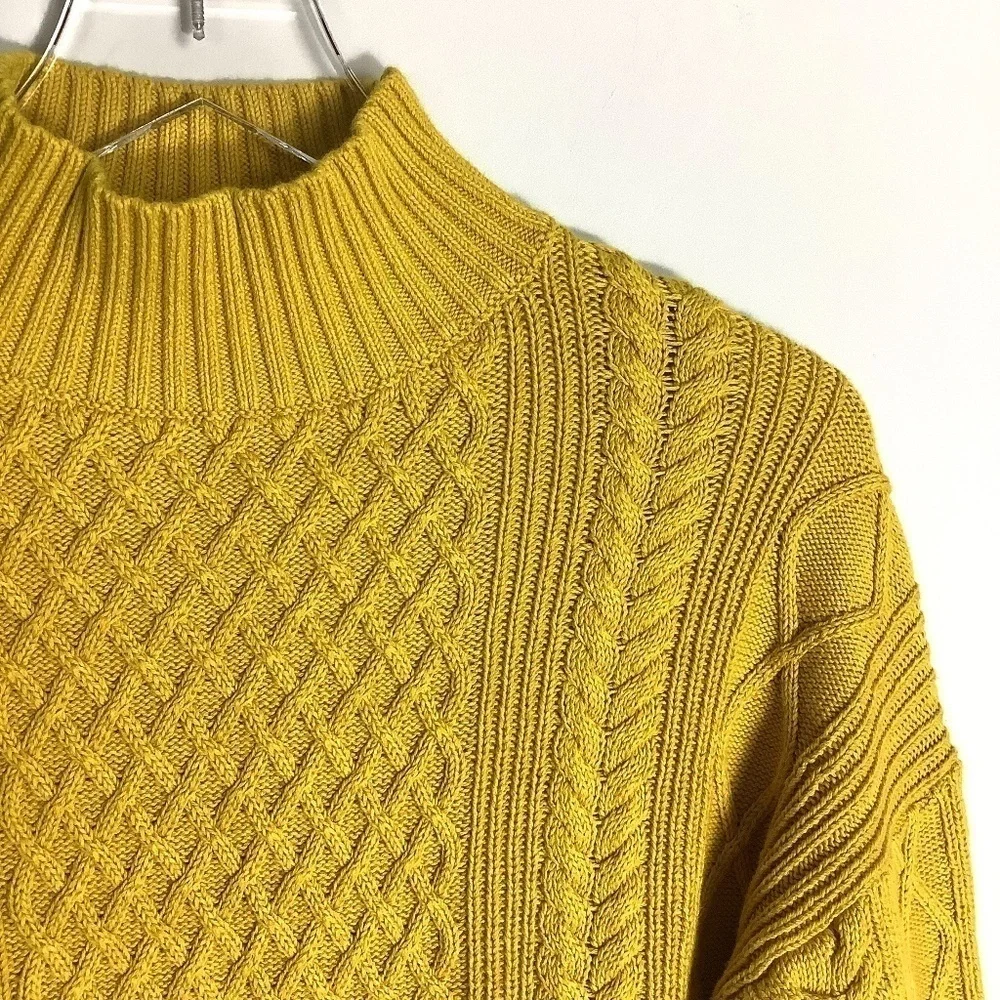J. Crew Sweater S Chunky Cable Knit Mock Neck Mustard‎  Golden Chartreuse S